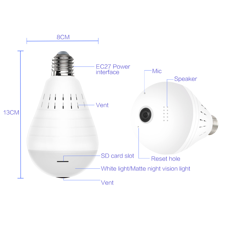 960P 360 degree dual light + matt night vision VR wireless light bulb camera